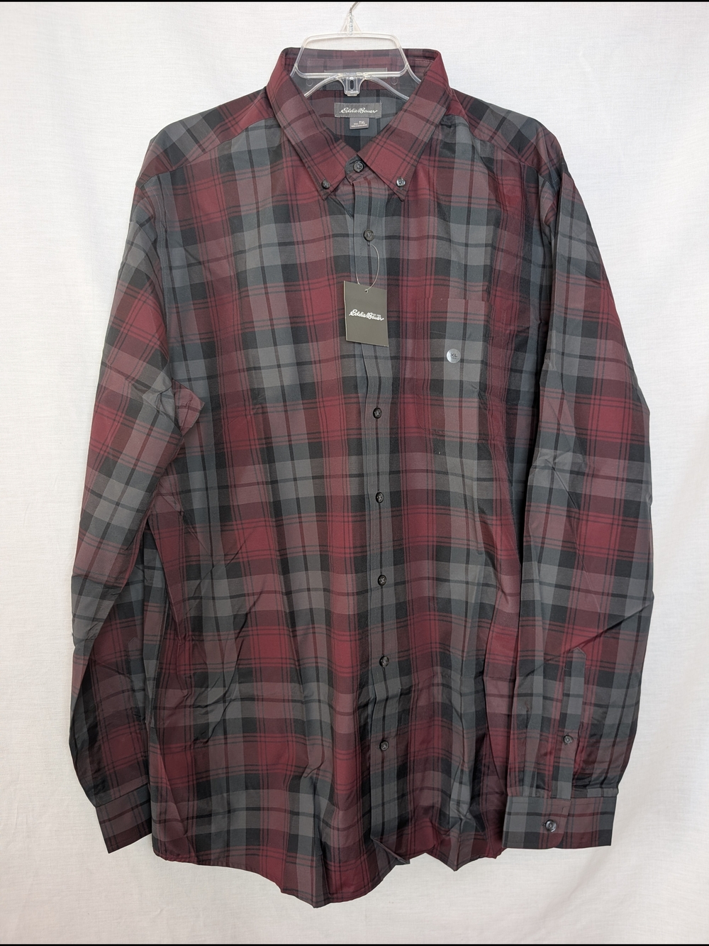 NWT Eddie Bauer Men's TXL Tall Plaid Button Down Long Sleeve Shirt Burgundy Gray